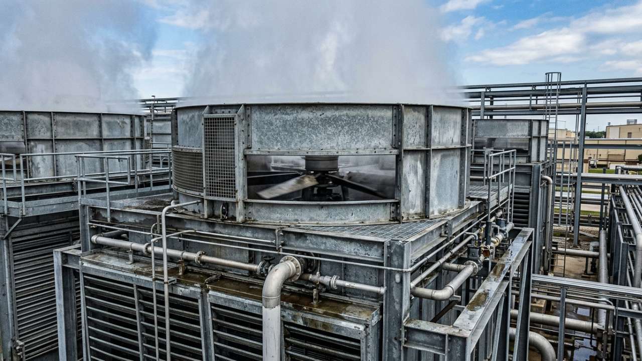Industrial cooling tower system relying on high-cycle automatic water level control valves.
