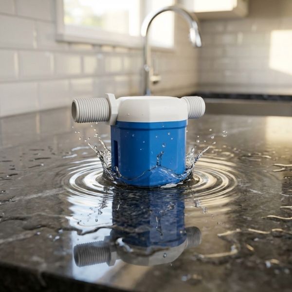Close-up of a blue and white automatic water level control valve installed in a water tank, showing stable shut-off.